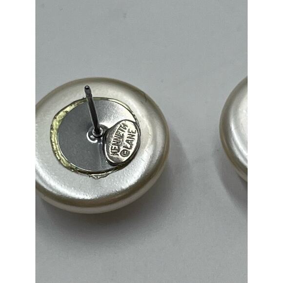 Kenneth Jay Lane KJL Silver Tone Round Faux‎ Pearl Ivory Pierced Stud Earrings - Picture 7 of 13